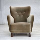 1960s, Danish armchair, green furniture velour, oak wood legs.