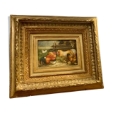 Old oil painting on farmyard panel