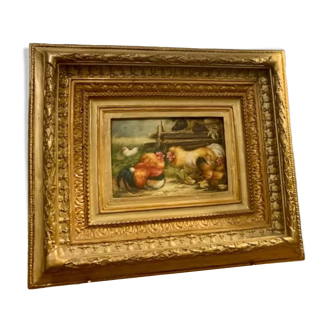 Old oil painting on farmyard panel