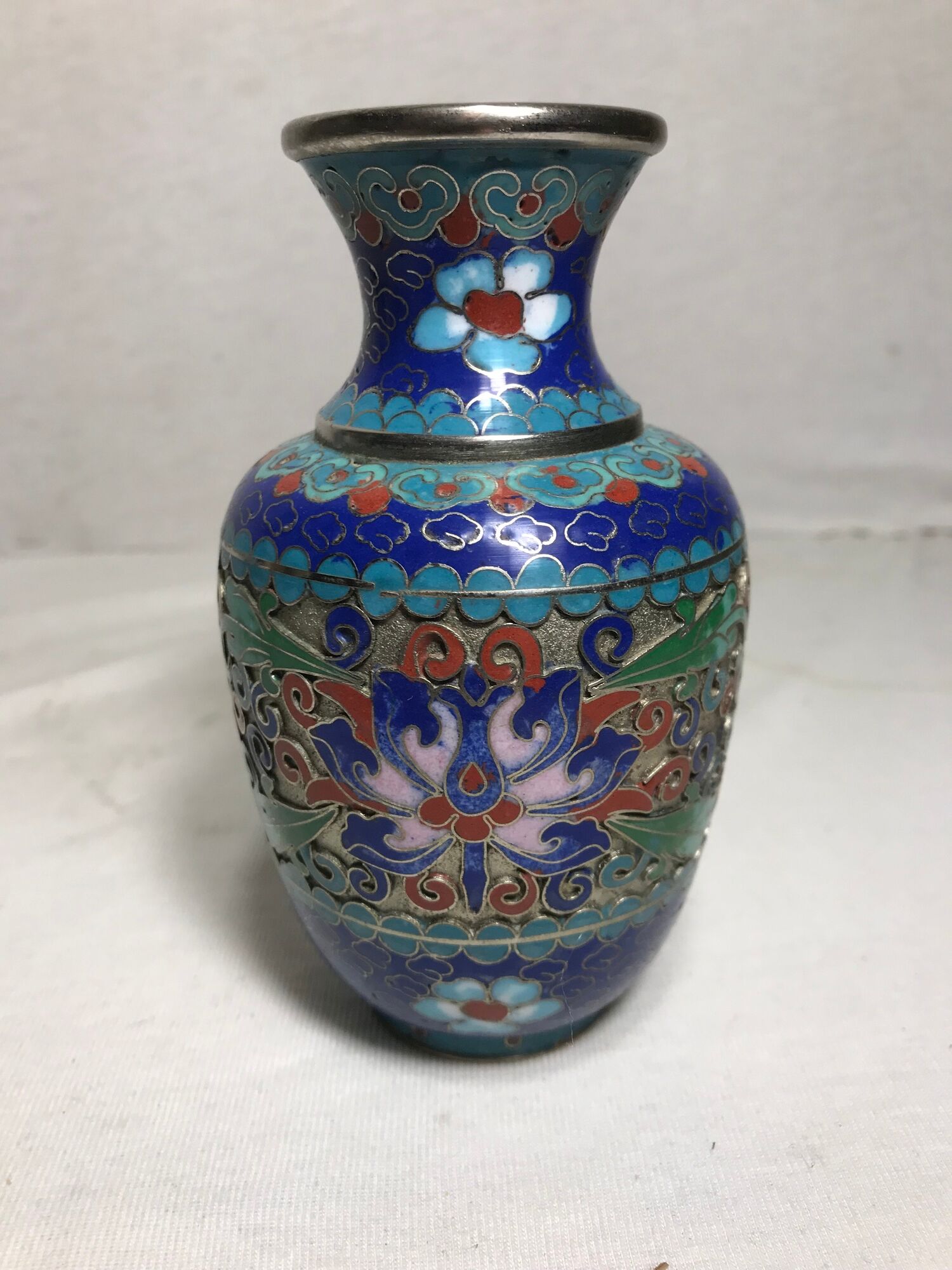 Old Vase Cloisonne enameled flowers designs Metal Decoration Vintage #3
