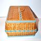 Book basket - vintage stitch box in woven rattan and blue scoubidou 1960 worker