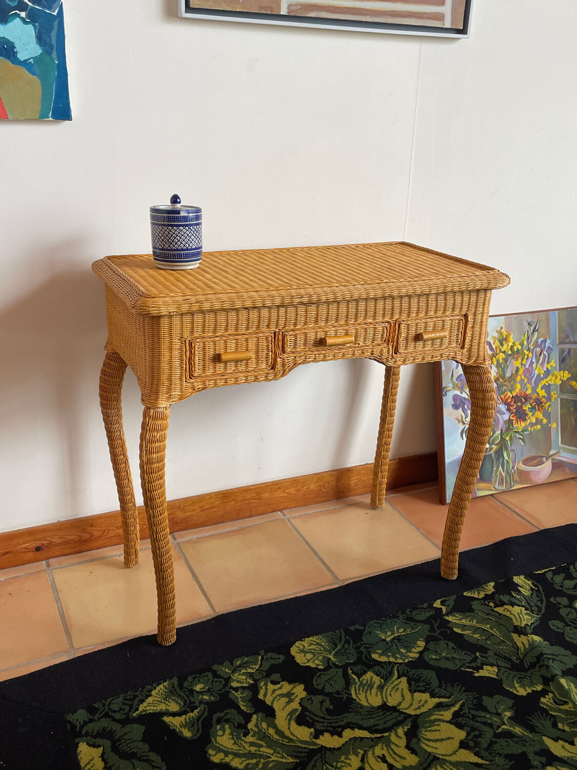 Rattan console desk with curved legs, 1970s