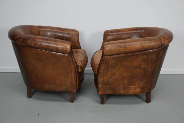 Fauteuil club vintage hollandais en cuir couleur cognac, lot de 2