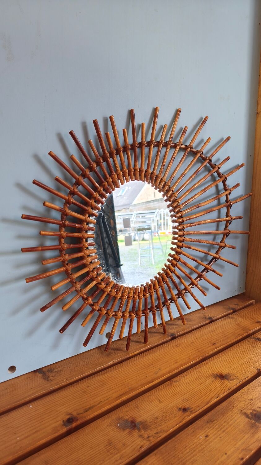 Asymmetrical sun mirror in rattan - vintage 1960s