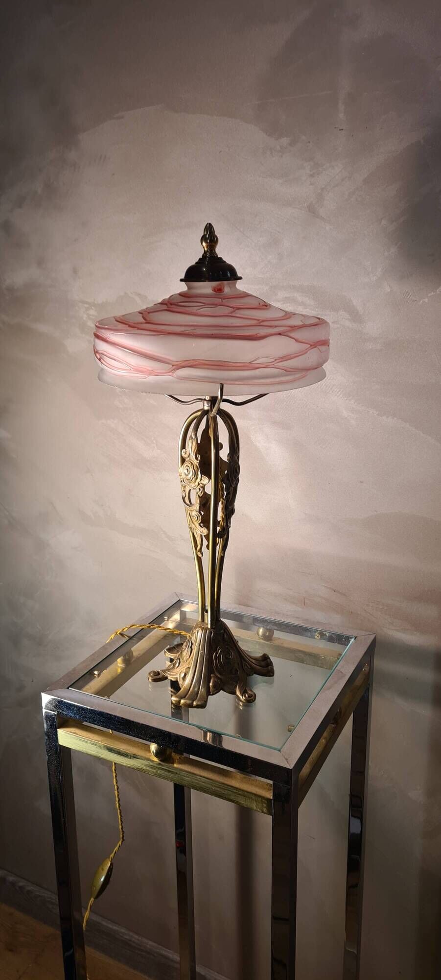 Austrian Art Nouveau bronze lamp with Loetz style art glass shade