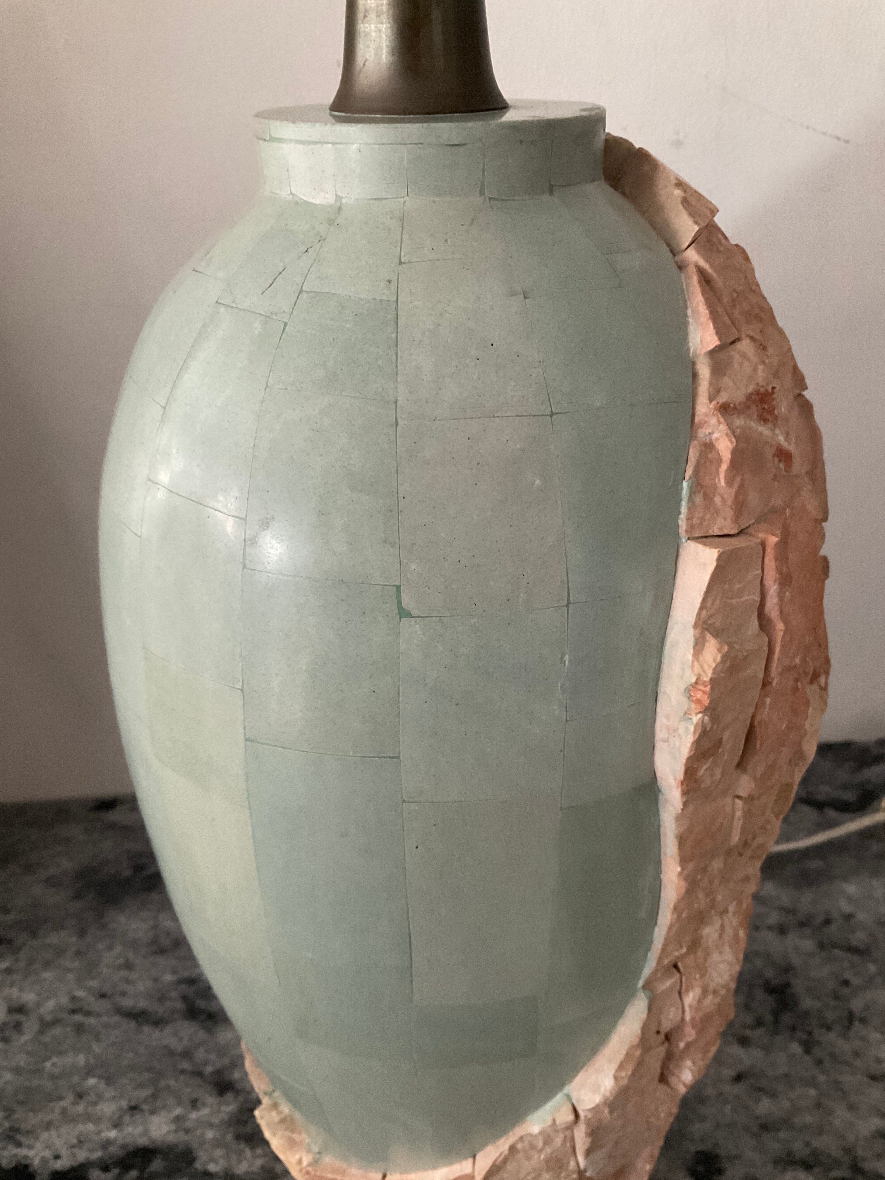 Vintage lamp base in Mactan stone and green marble.