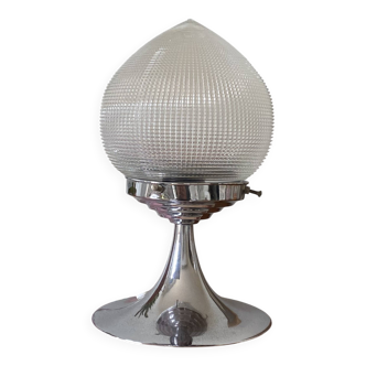 Antique lamp with a glass globe in Holophane style and chrome metal.