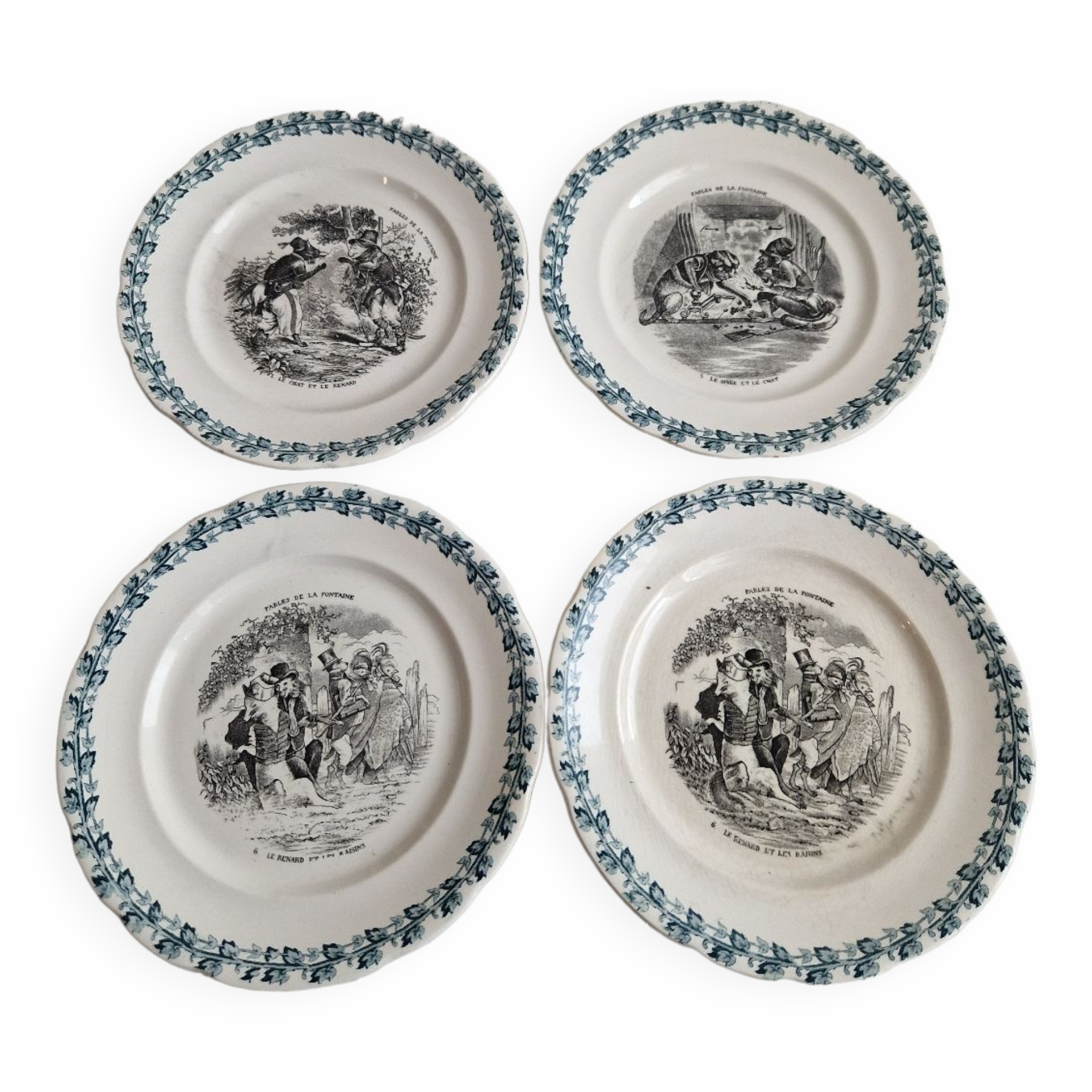 Set of 4 plates "the fables of La Fontaine" Digoin Sarreguemines