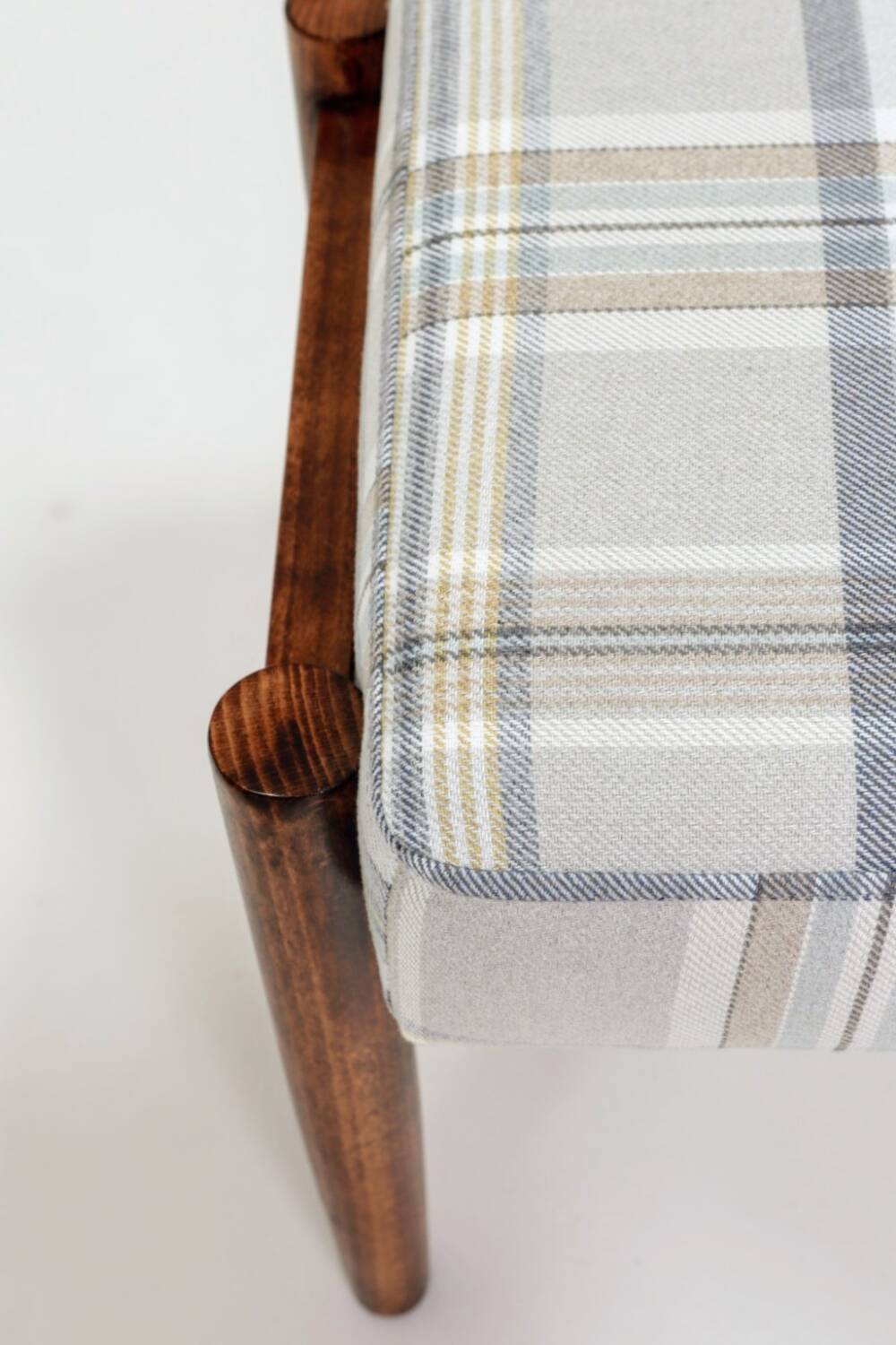 Vintage armchair and footstool in beige blue tartan, modern design
