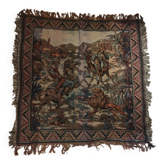 Antique Beautiful African Art Tapestry Oriental Berber Lion Hunting 1930