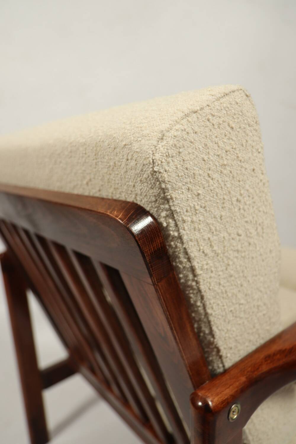 Vintage dark wood beige bouclé armchair by Z.Baczyk 1965