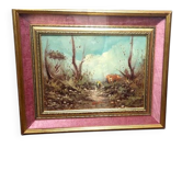 Oil painting on faesite landscape signed "de boni" 1960s frame.