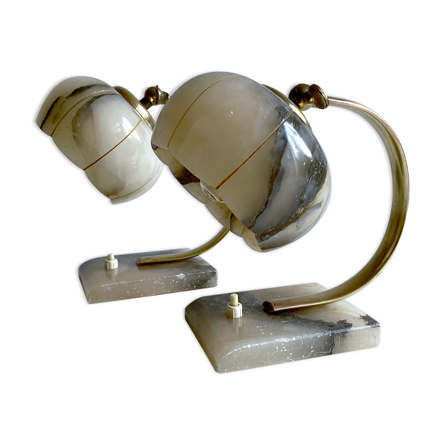 Pair of vintage art deco lamps, albatre marble brass, 30 years