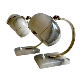 Pair of vintage art deco lamps, albatre marble brass, 30 years