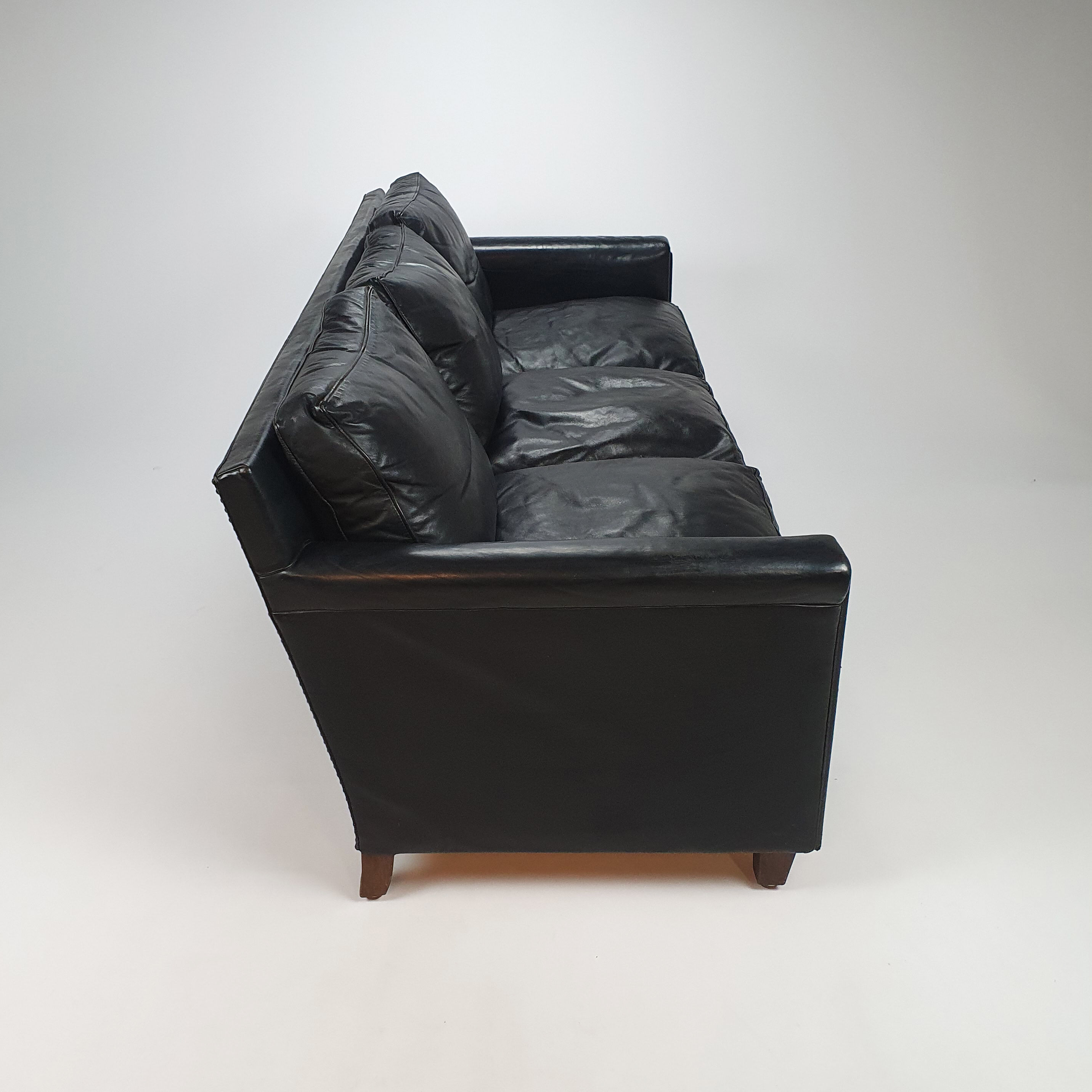 Mid century black leather scandinavian 3 seats sofa, 1950