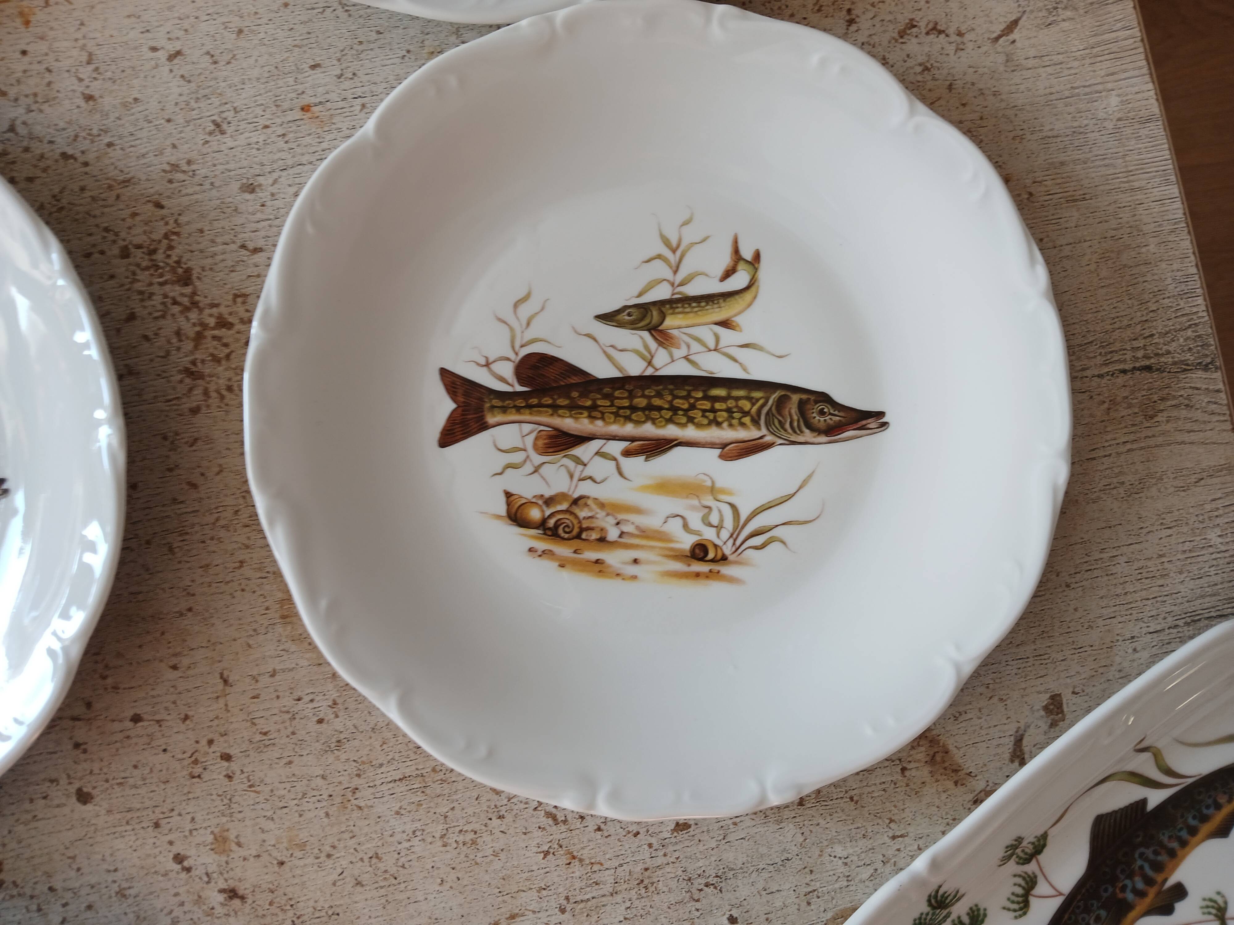 11 dinner plates, one large oval dish, and one gravy boat.