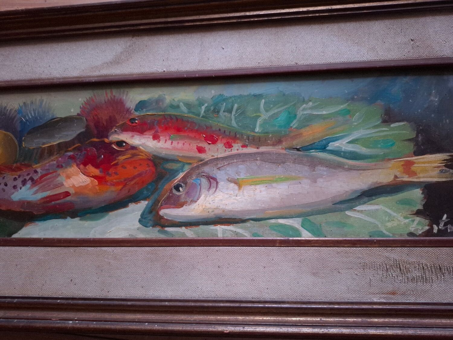 Oil on panel, still life with fish