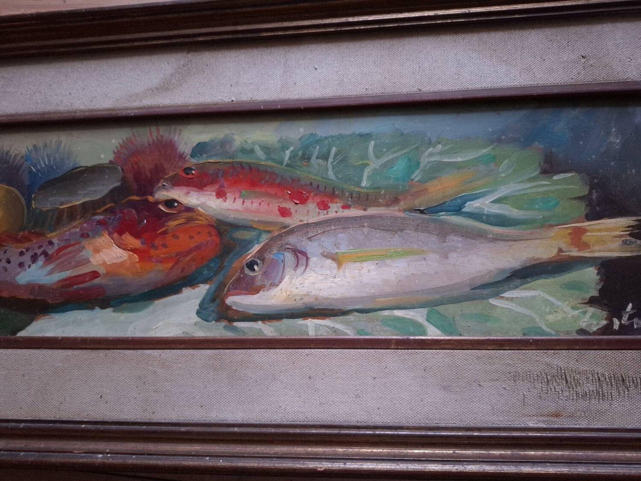 Oil on panel, still life with fish
