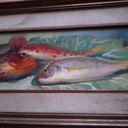 Oil on panel, still life with fish