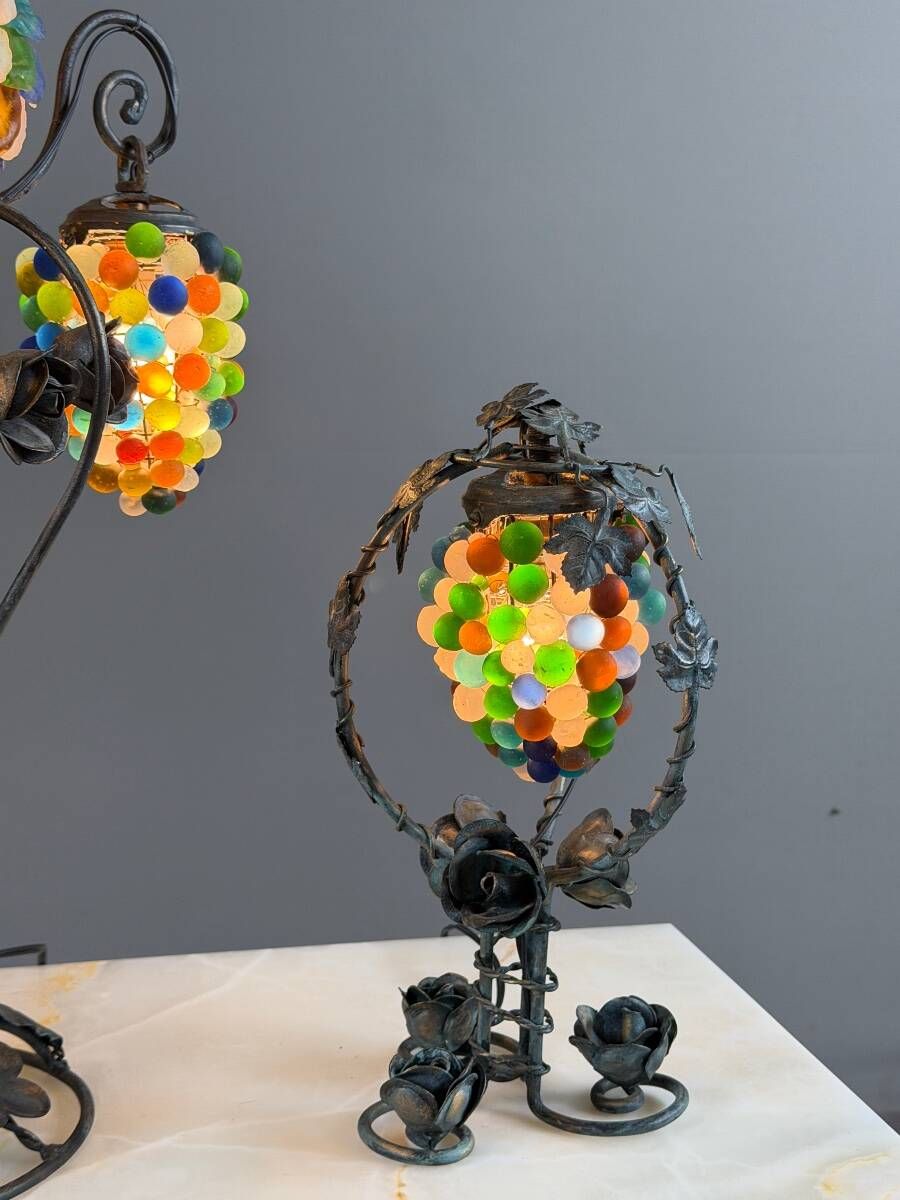 Set of three lamps in bronze and polychrome Murano glass, 20th century
