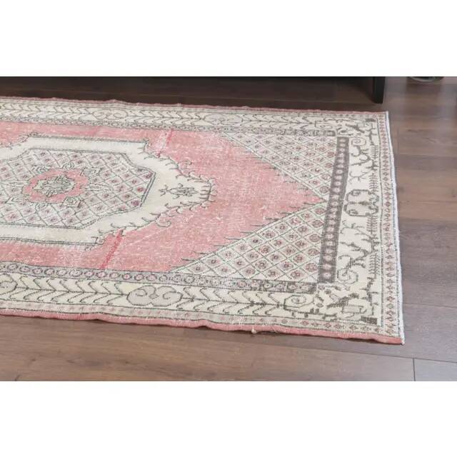 Tapis vintage turc Oushak fait main en laine et coton rose