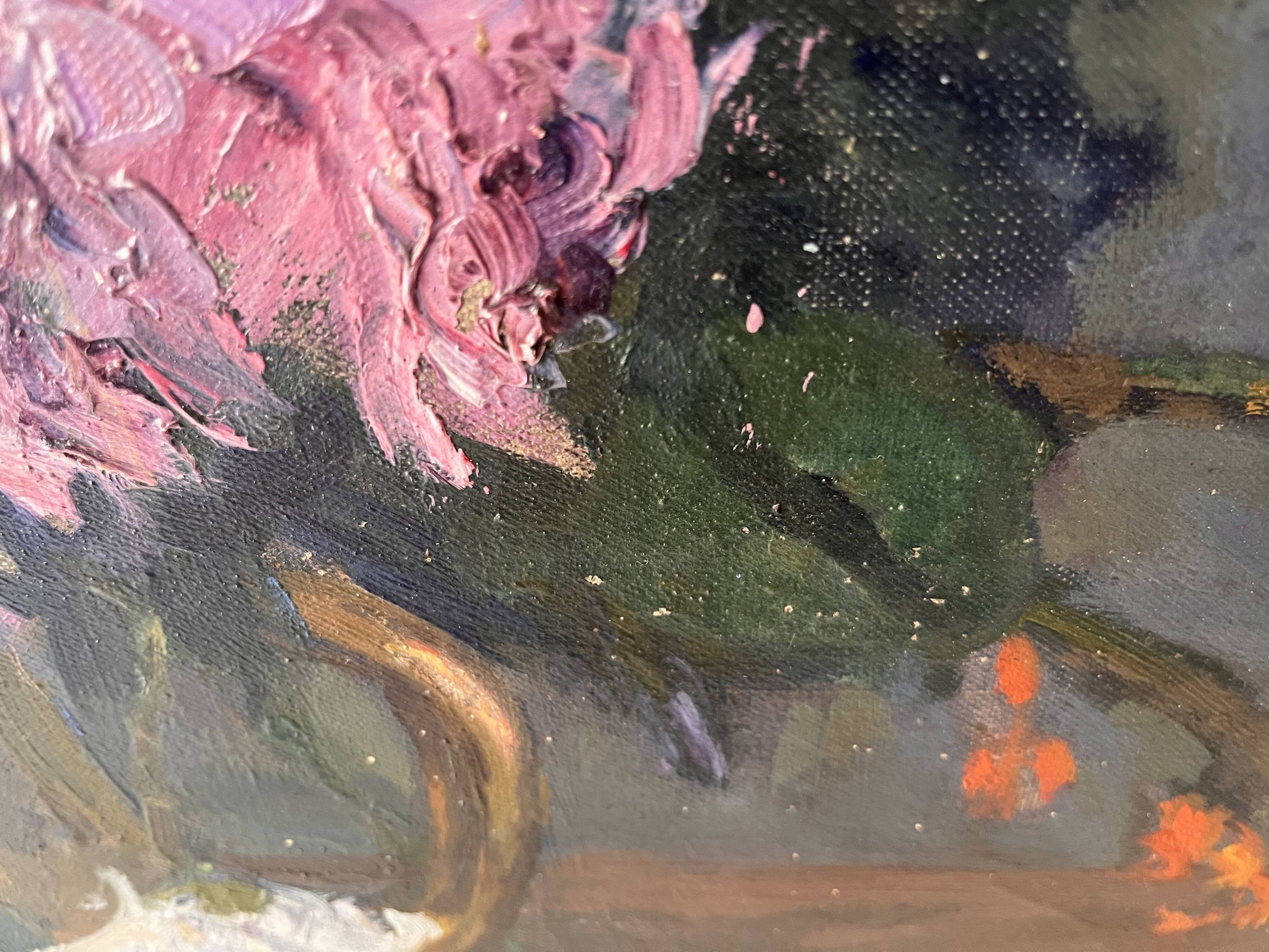Large oil on canvas of a still life with flowers 1929, antique painting.