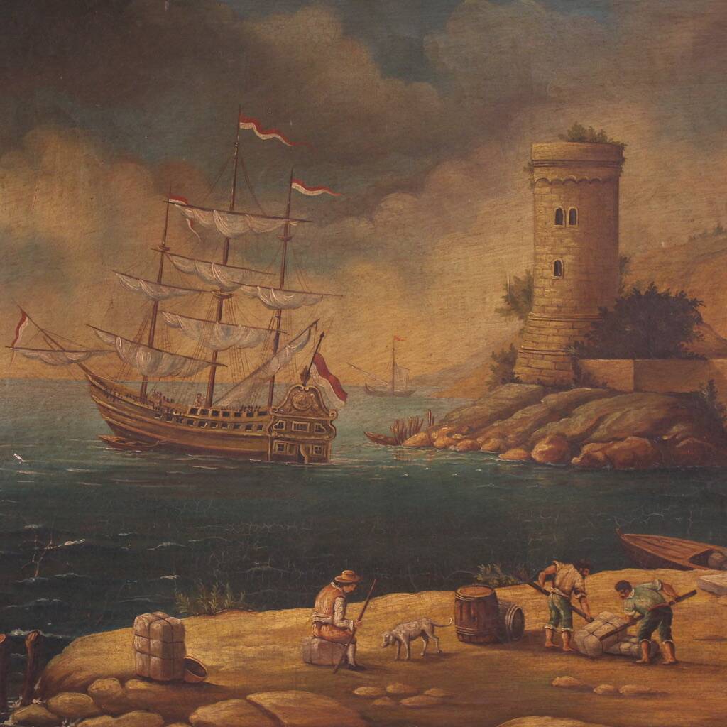 20th century Italian painting of a harbor view