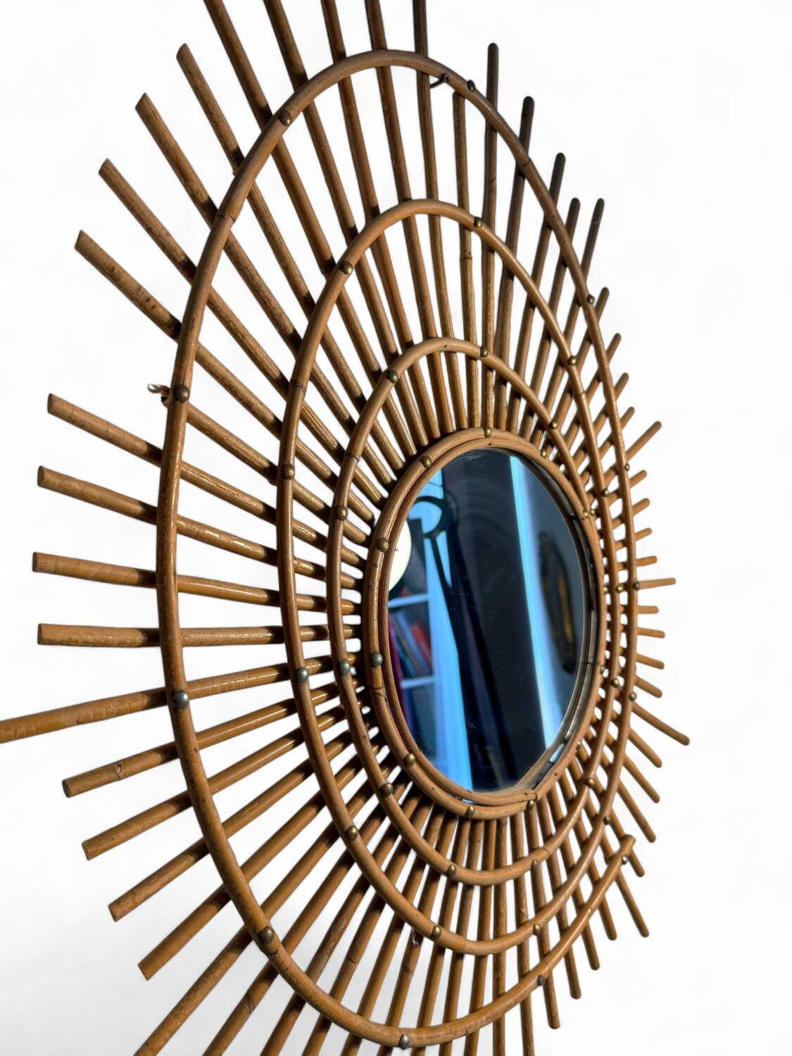 Miroir mural vintage bambou & laiton – France, circa 1950