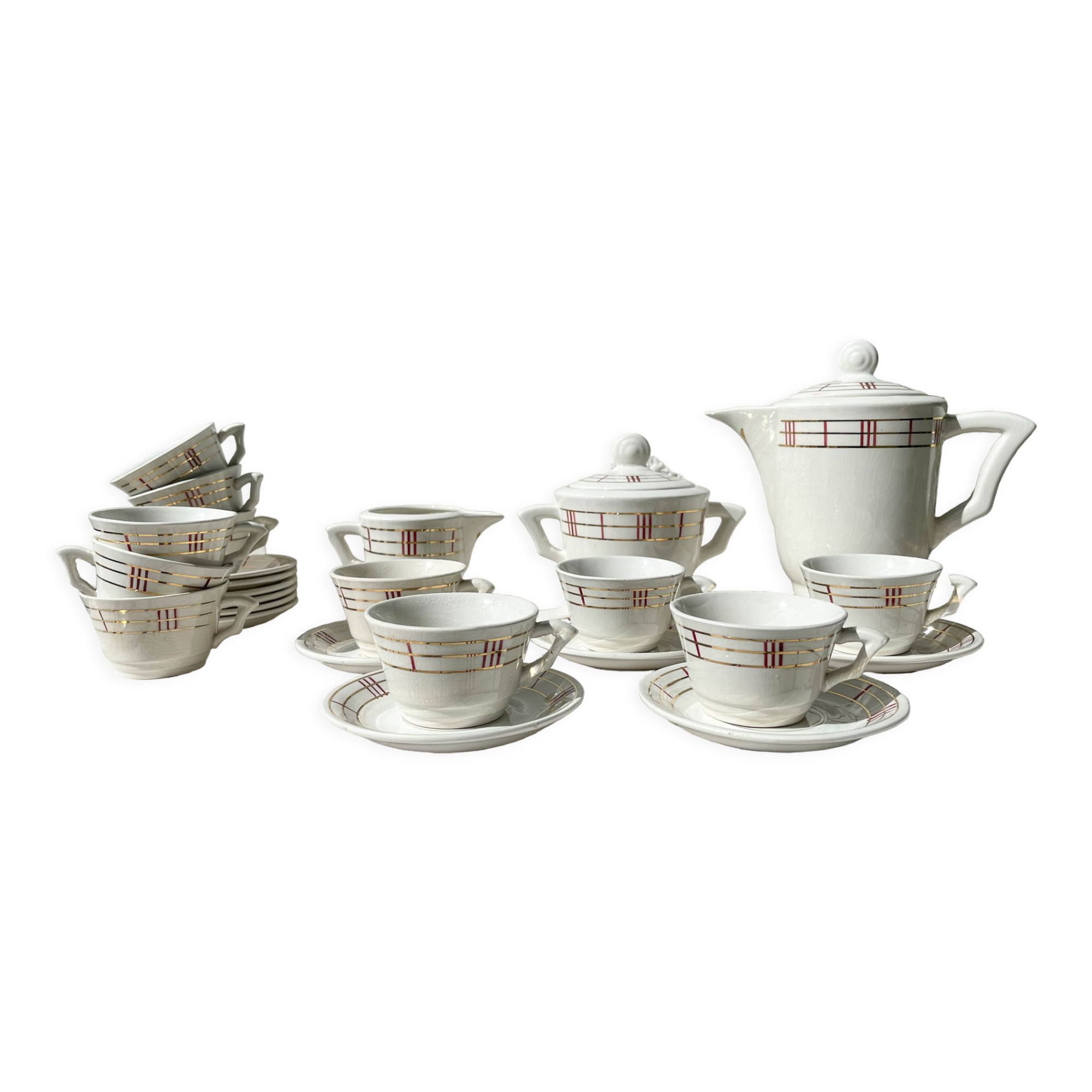 Vintage tea set in white porcelain with stripes, Moulin des Loups orcerame model "Richelieu"