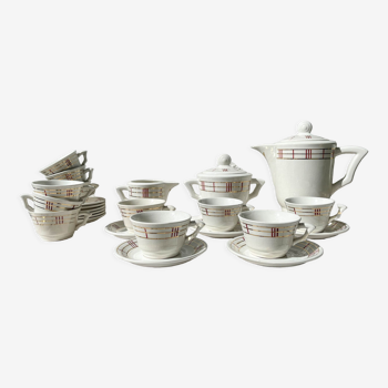 Vintage white porcelain striped tea set moulin des loups orcerame model "richelieu"