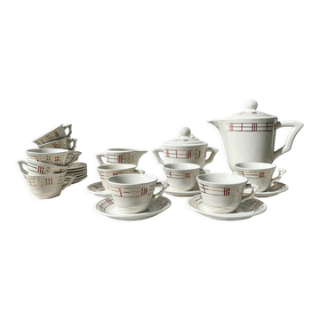 Vintage tea set in white porcelain with stripes, Moulin des Loups orcerame model "Richelieu"