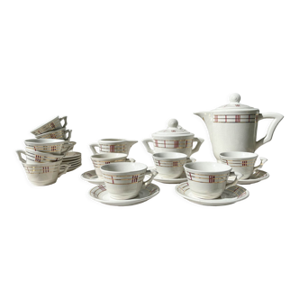 Vintage white porcelain striped tea set moulin des loups orcerame model "richelieu"