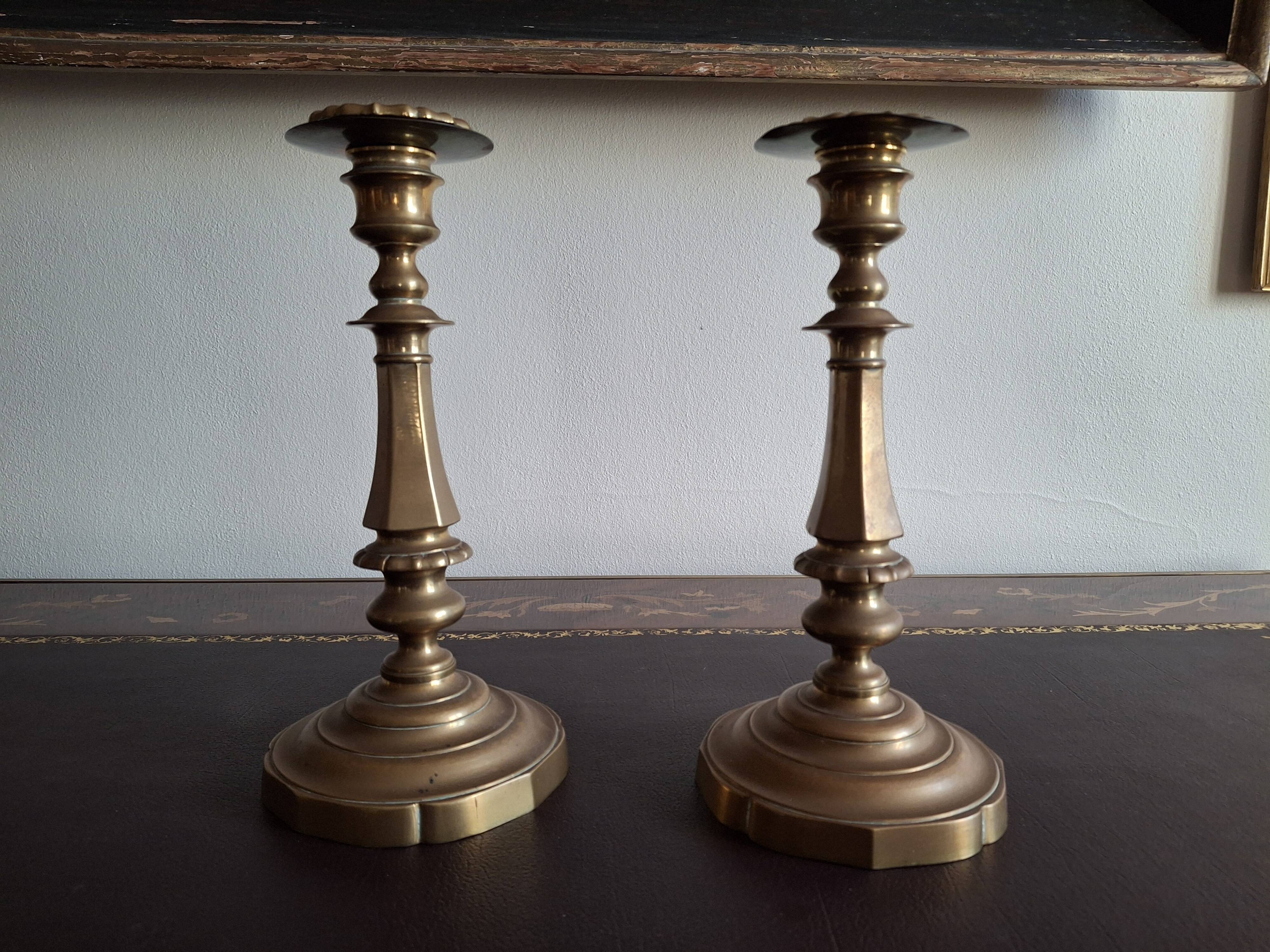 Pair of large candlesticks in gilded brass, 19th century
