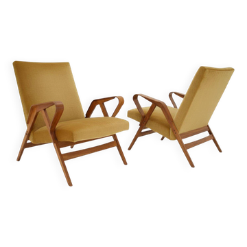 Mid-century armchairs, wooden frame & upholstered, František Jirák, 1960s–70s, Czechoslovakia