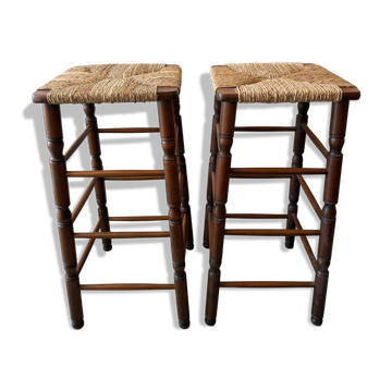 2 tabourets de bar en bois et paille