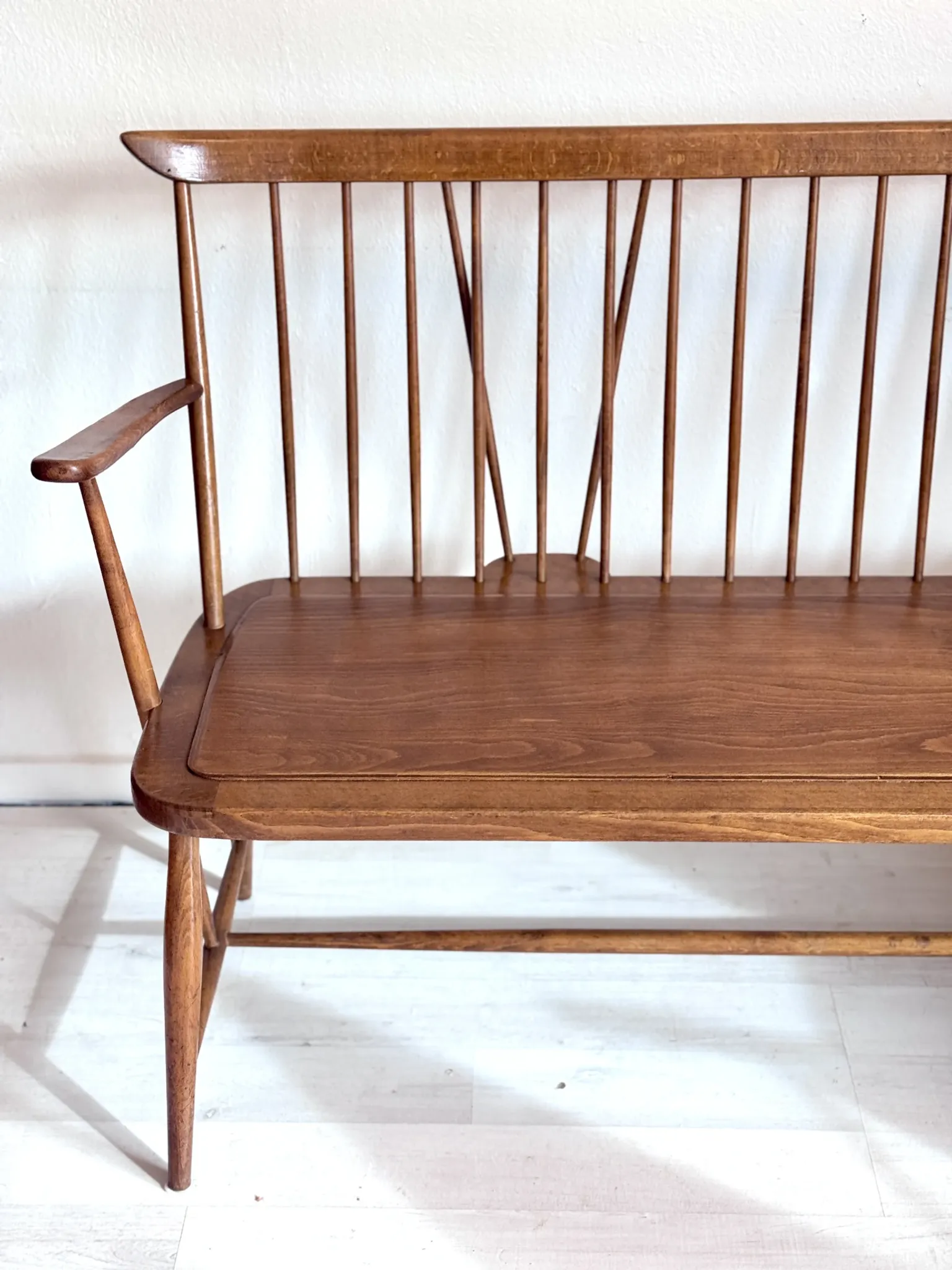 Vintage mid-century slatted bench from the 1960s.
