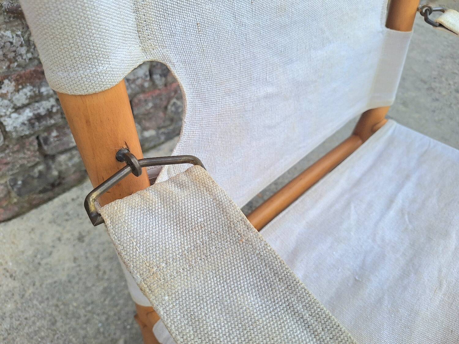 Vintage safari armchair, antique elm and linen seat furniture