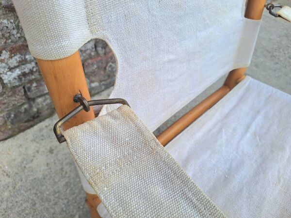 Fauteuil safari vintage, meuble siège ancien orme et lin