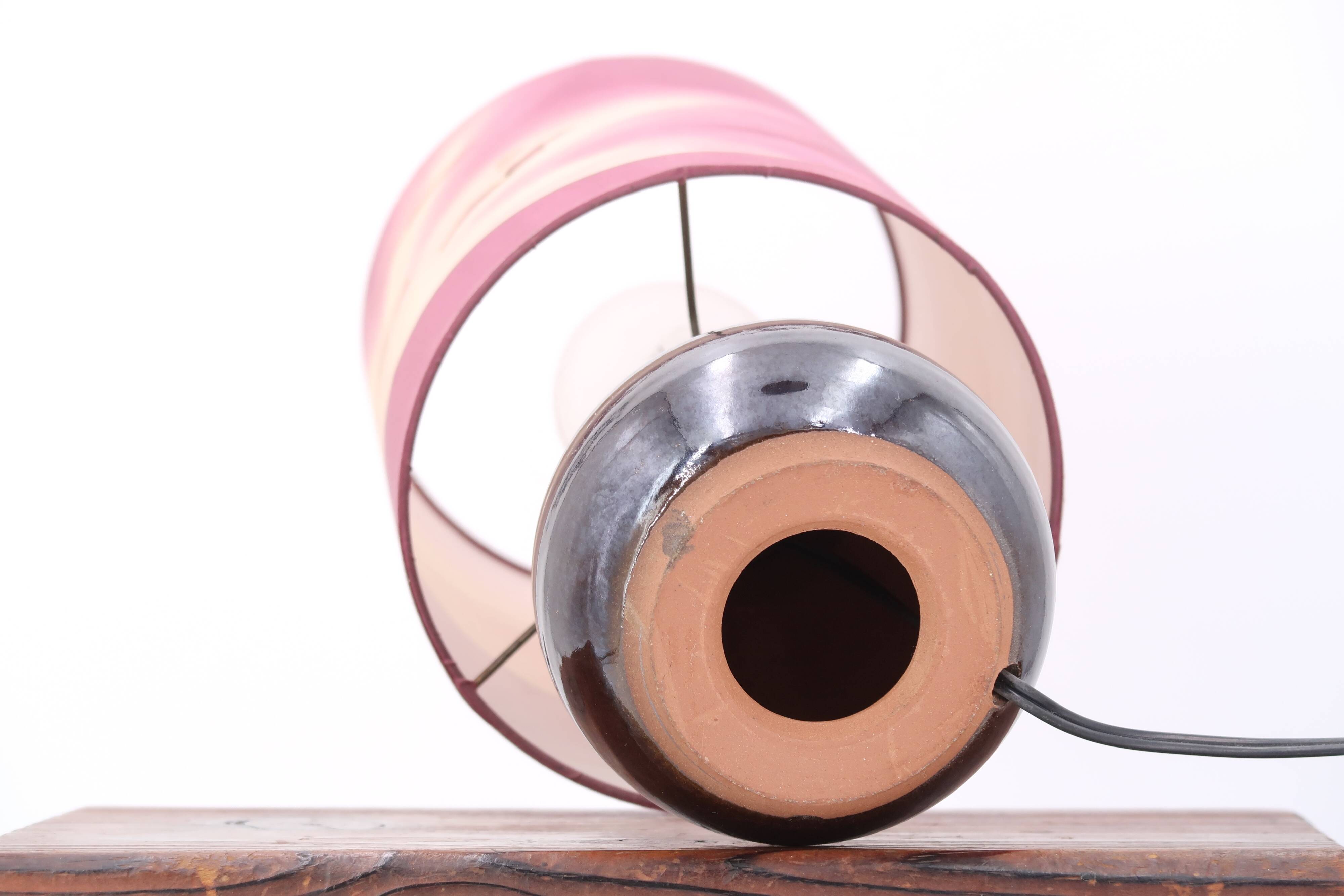 Purple ceramic lamp, painted silk lampshade, 1970s