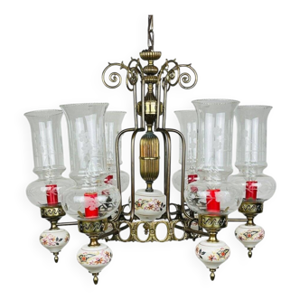Vintage porcelain and brass chandelier, Italy, 1930s