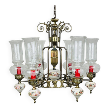 Vintage porcelain and brass chandelier, Italy, 1930s