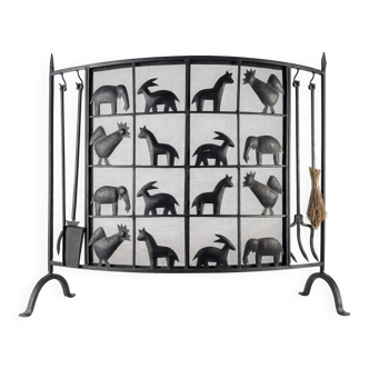Wrought iron fireplace screen by Atelier Marolles, France, 1950s