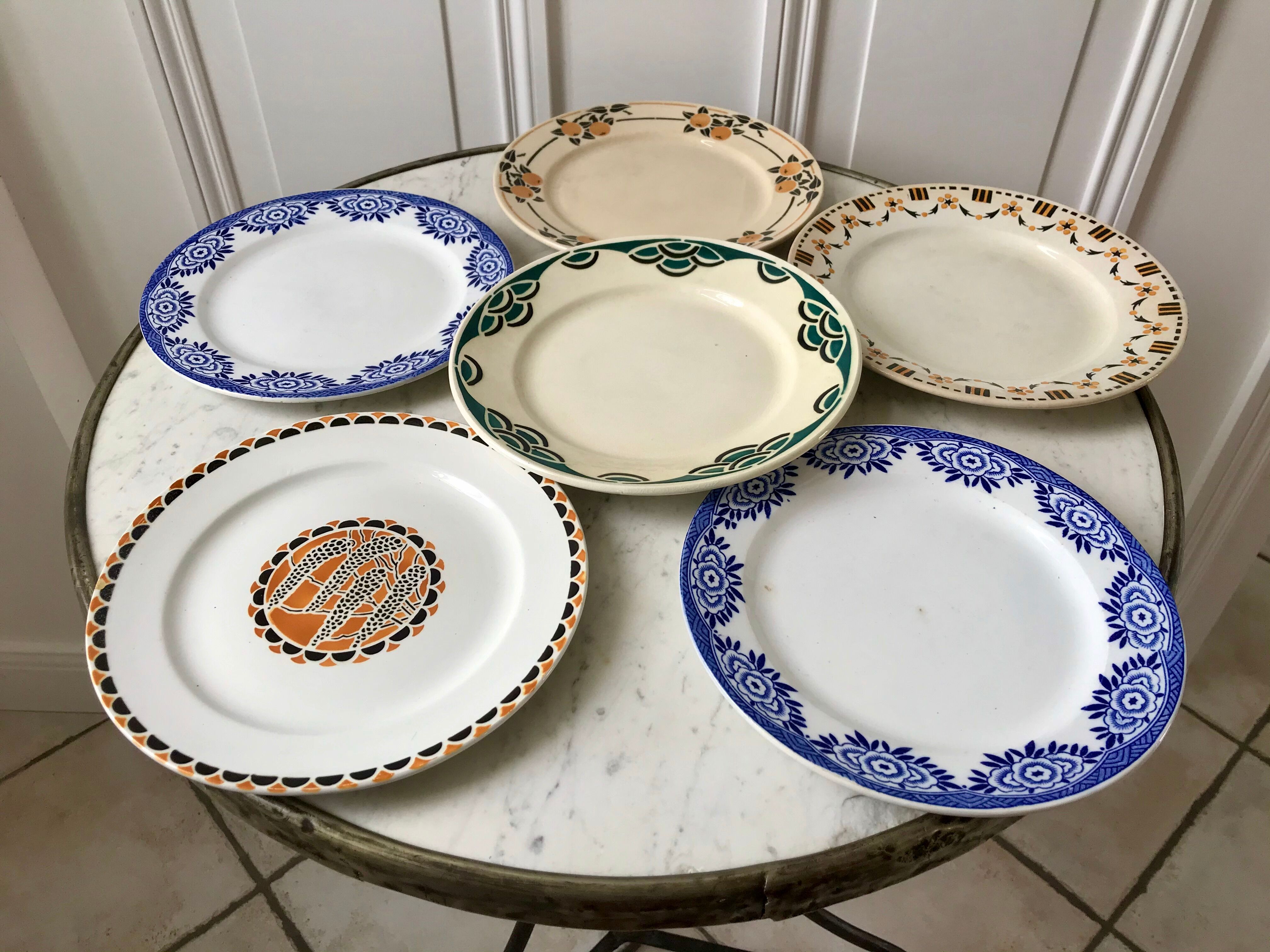Lot de 6 assiettes à dessert Gien, Digoin "Capri" et "Nomeny", Badonviller "Novelty", "Madeleine"
