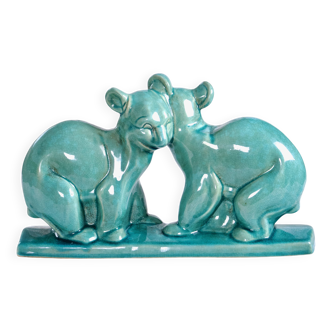 Art Deco Cracked Ceramic Teddy Bear Statue by LV Ceram