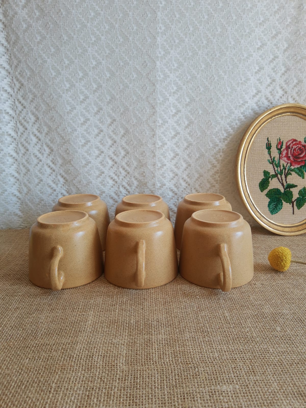 Set 6 coffee cups in sarreguemines sandstone france vintage