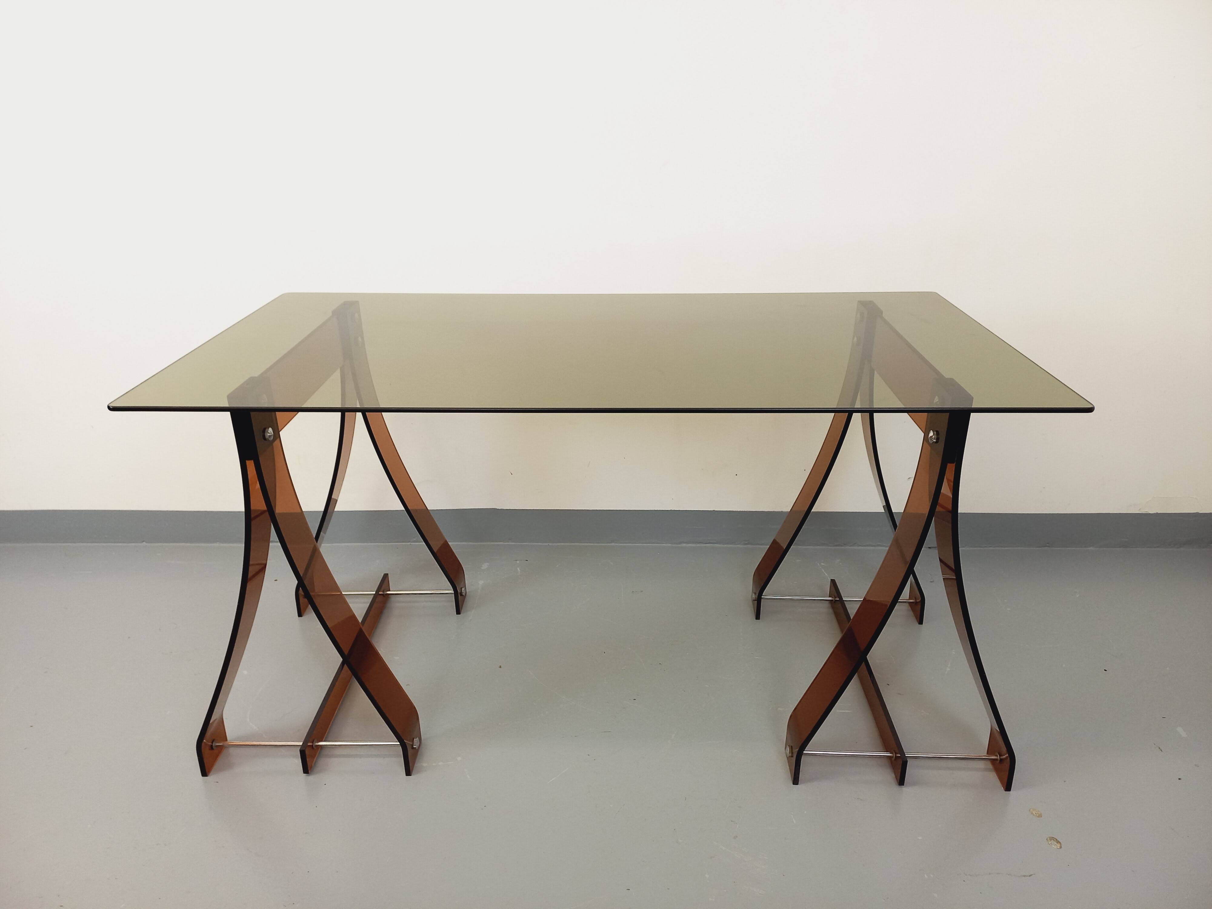 Vintage Marcello Gacita and Pierre Tiberi desk in smoked glass and plexiglass