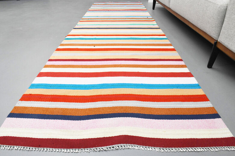 Vintage colourful flat kilim hallway rug 90x306 cm