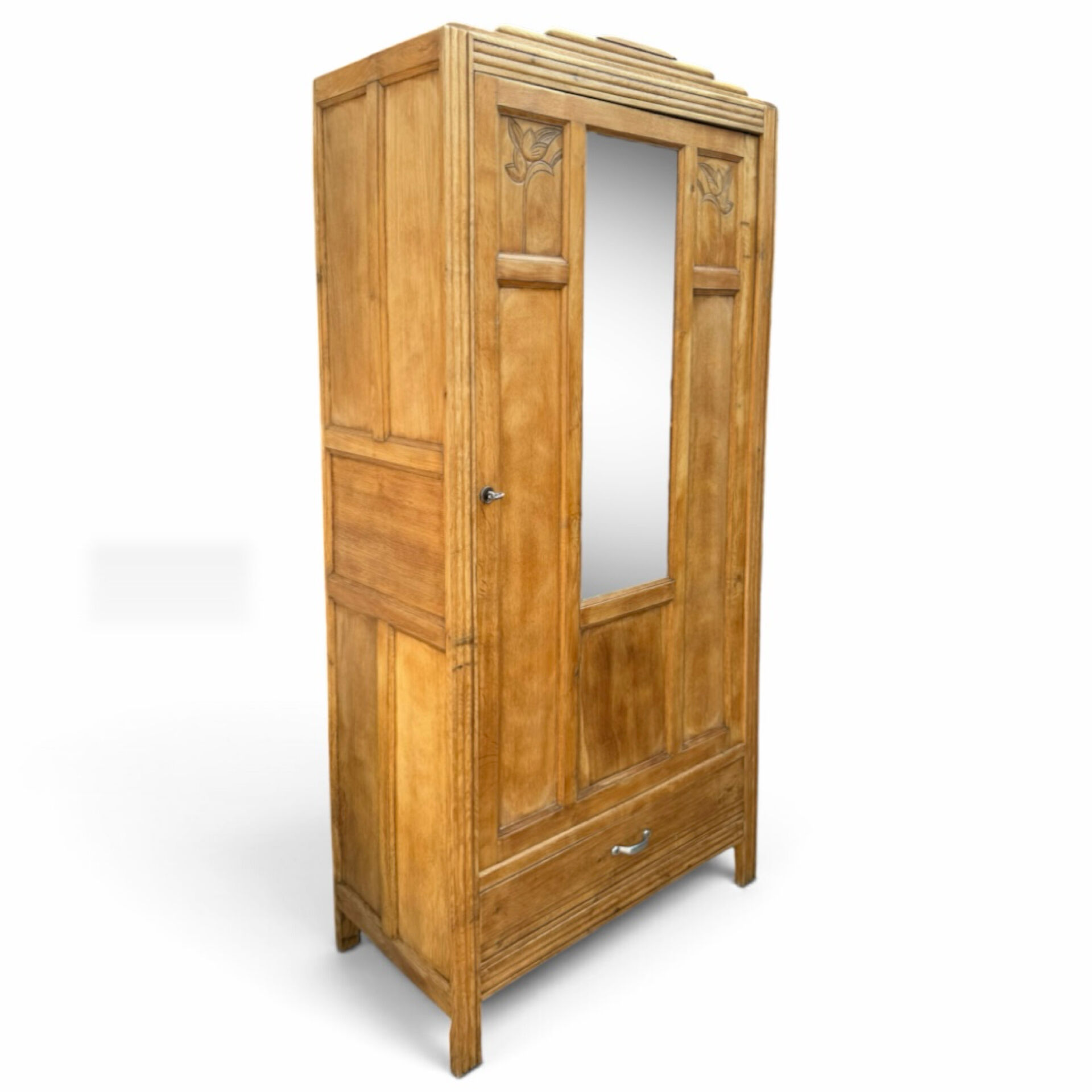Parisian Art Deco wardrobe in raw oak, renovated.