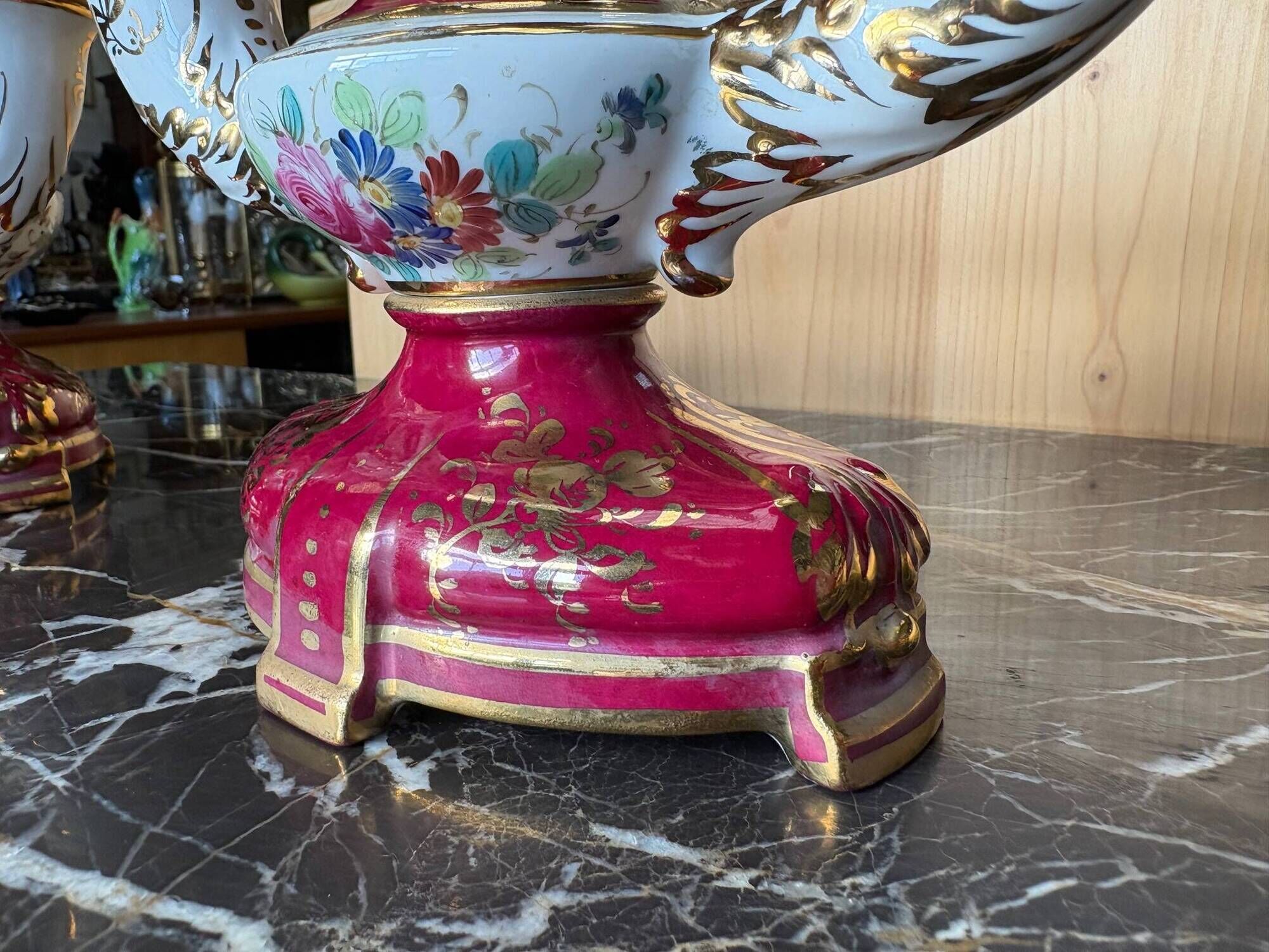 Pair of Limoges porcelain candlesticks with hand-decorated decoration – red and gold
