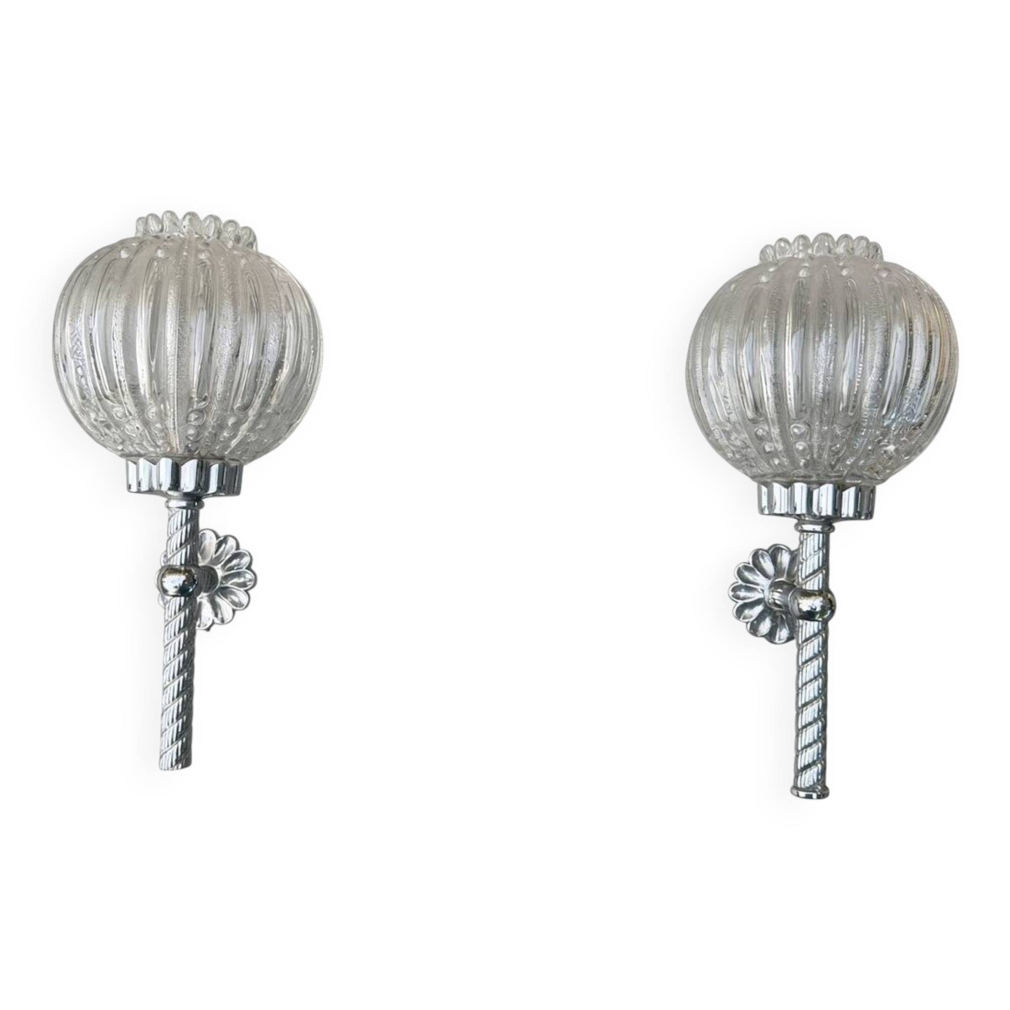 Pair of vintage wall lights; chrome striped glass floral globes; 1960s-70s.